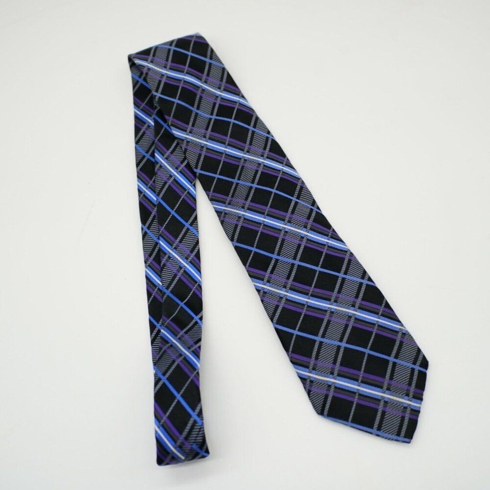 Pronto Uomo Black Purple Blue Plaid Silk Tie Long - Picture 7 of 7